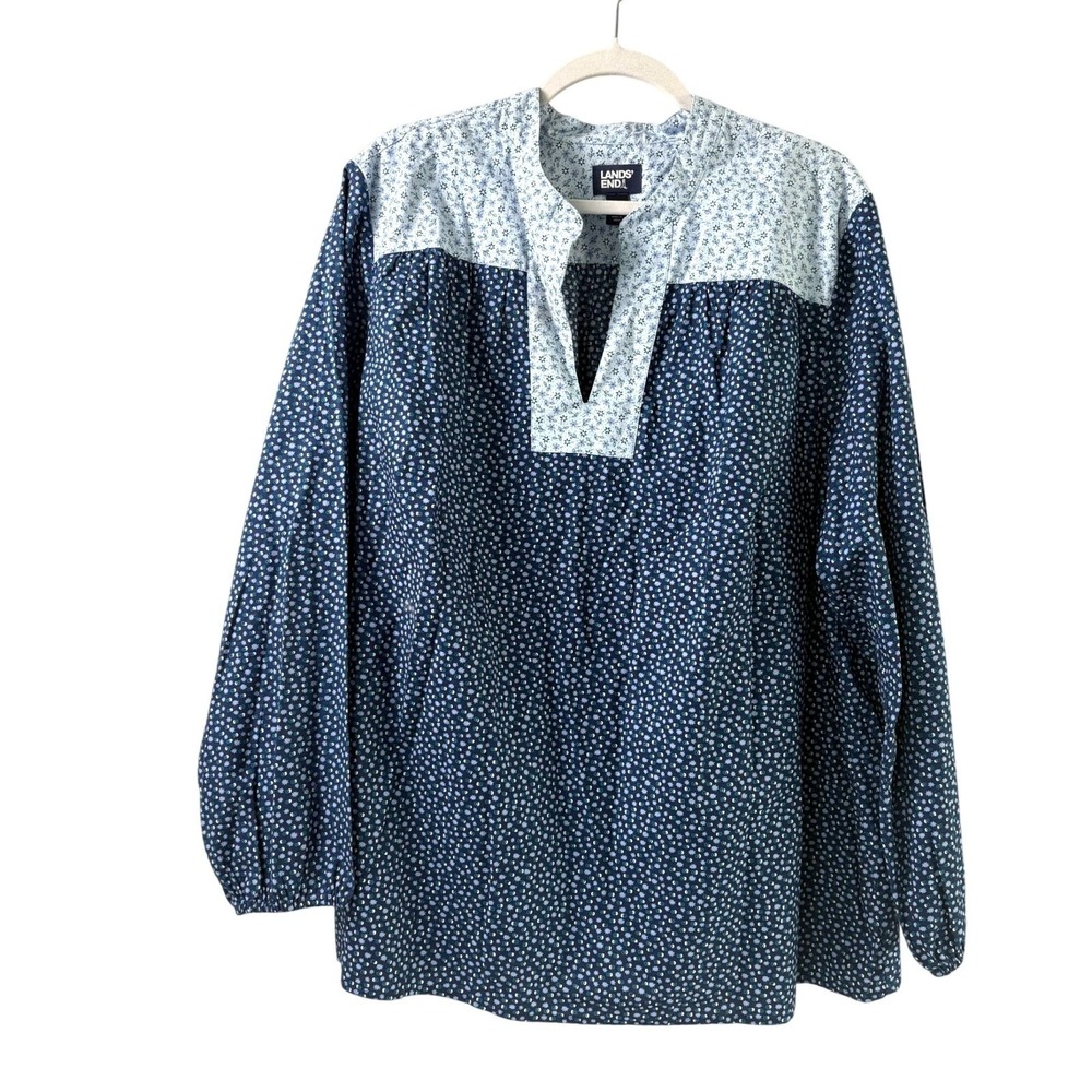 Lands End Peasant Top Size 2X Blue Floral Long Sleeve Split Neck Preppy Popover